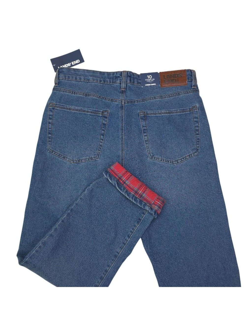 Lands End Womens Flannel-Lined Straight-Leg Jeans Size 10 Medium Wash Red Plaid